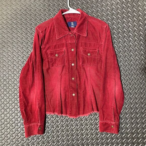 So GSJ Jackets & Blazers - So GSJ Red Corduroy Button Up Distressed Casual Wear Jacket Women's Size‎ Large